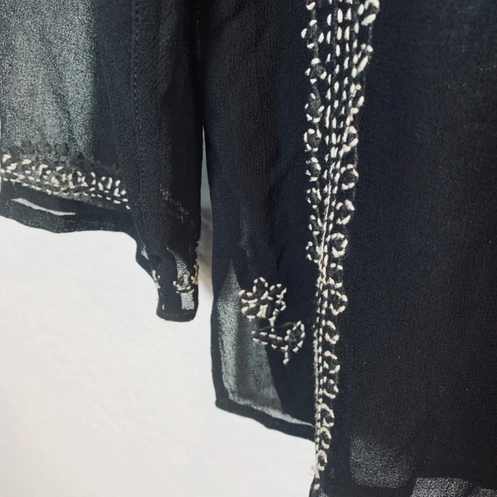 Bila Black SHEER Blouse Medium Embroidered Sequins Whimsigoth Witchy Boho Fairy
